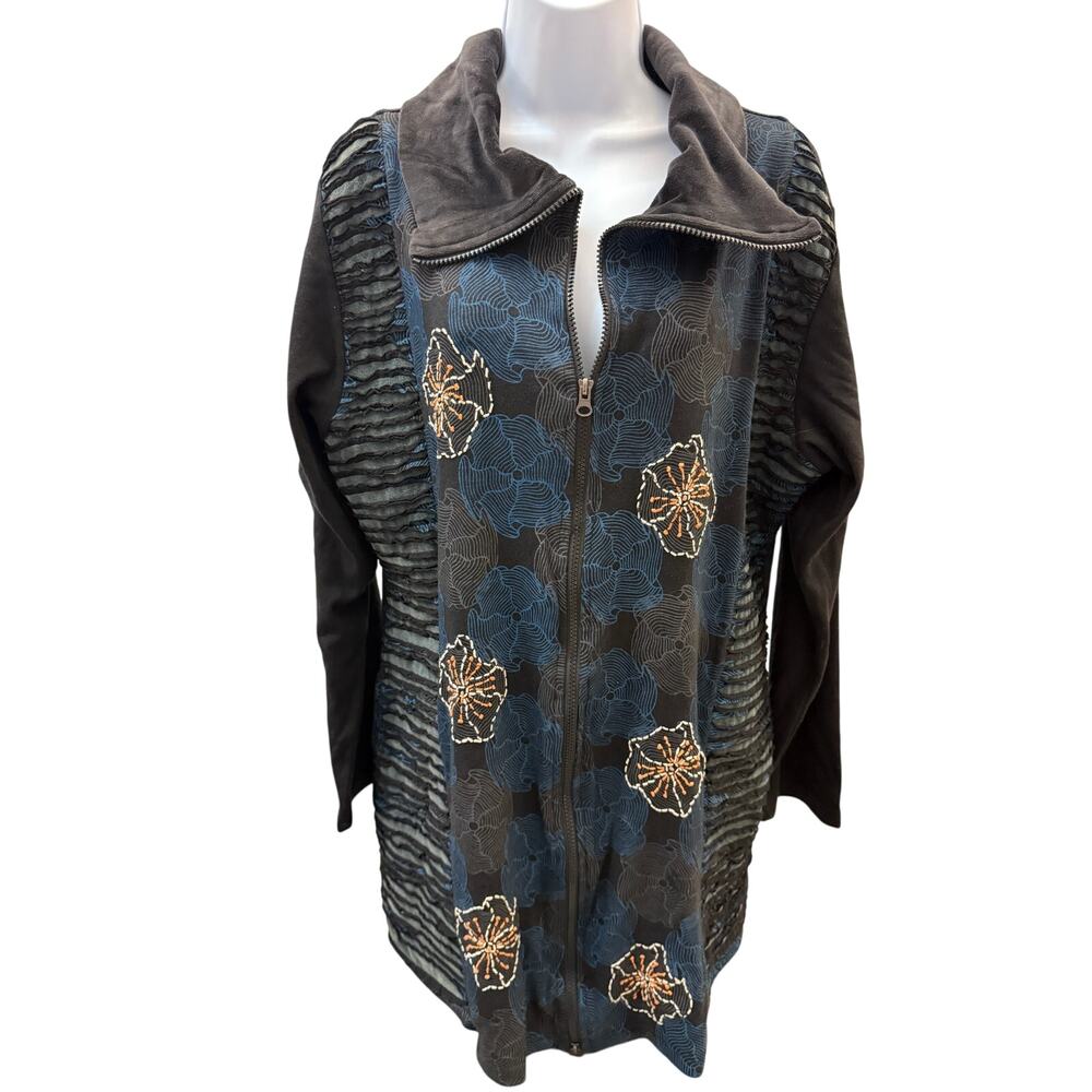✨ Leopards & Roses Boho XL Black Blue Embroidered Zip Jacket Cotton Nepal Tunic